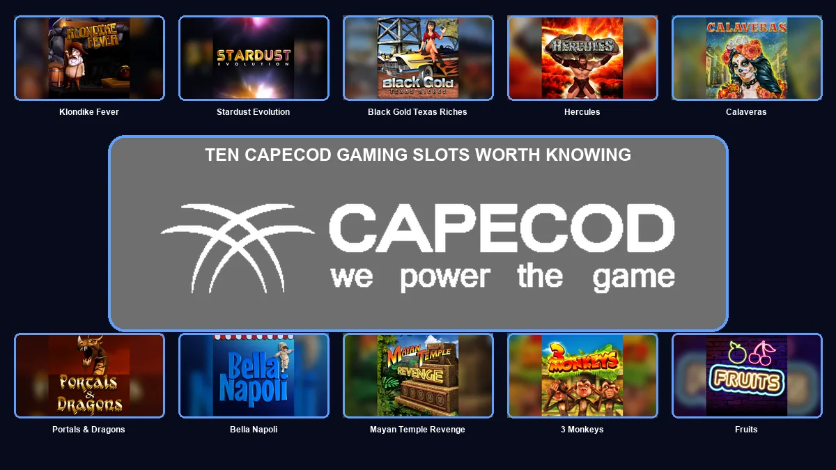 Ten Capecod Gaming slot thumbnails arranged around the large Capecod logo