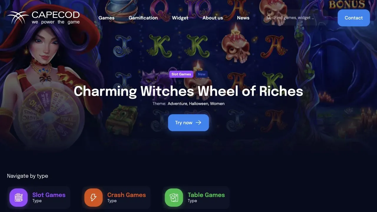 Official Capecod Gaming website showing its current games area