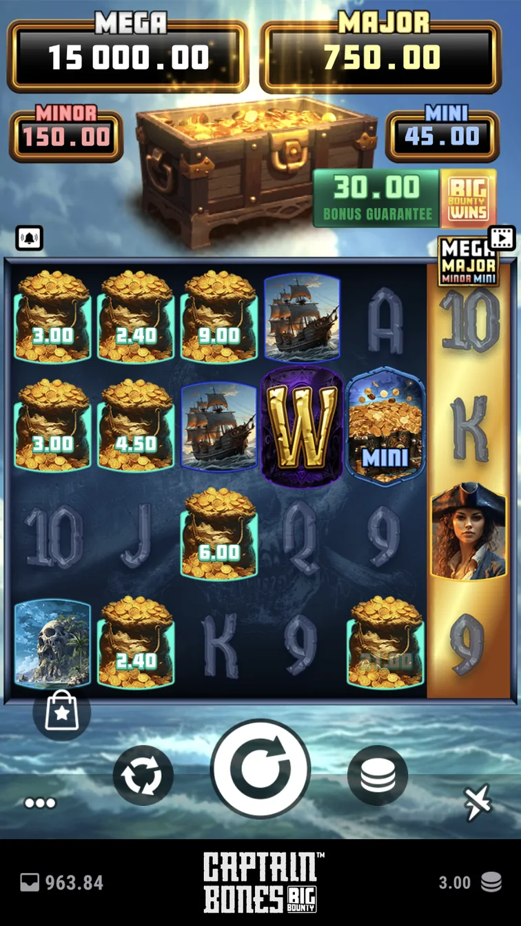 Captain Bones Big Bounty gameplay screenshot showing the reels and controls