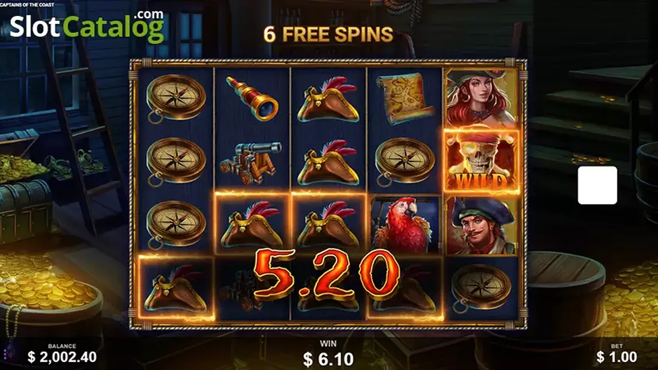 Captains of the Coast gameplay screenshot showing the reels and controls
