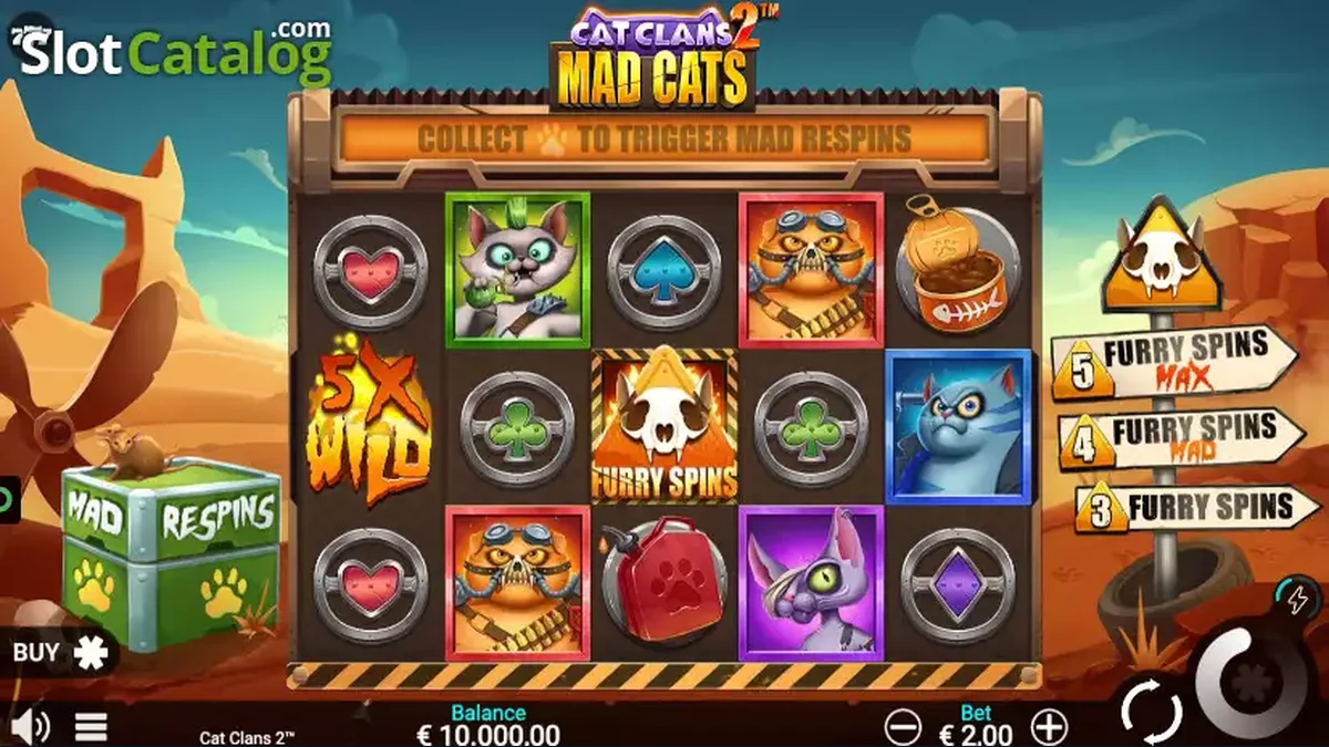 Cat Clans 2: Mad Cats gameplay screenshot showing the reels and game interface
