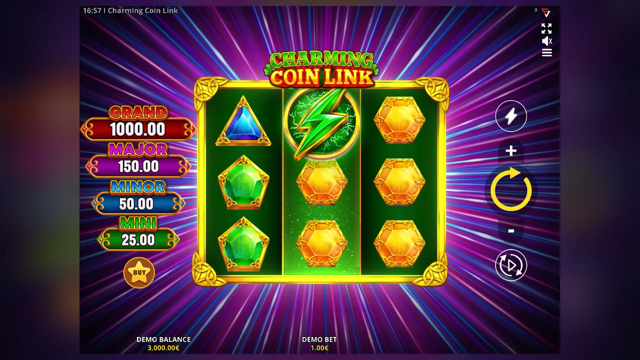 Charming Coin Link loaded gameplay interface with reels and controls