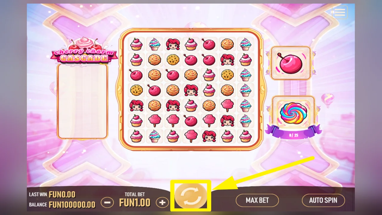 Cherry Charm Cascade gameplay screen with the game interface and controls visible