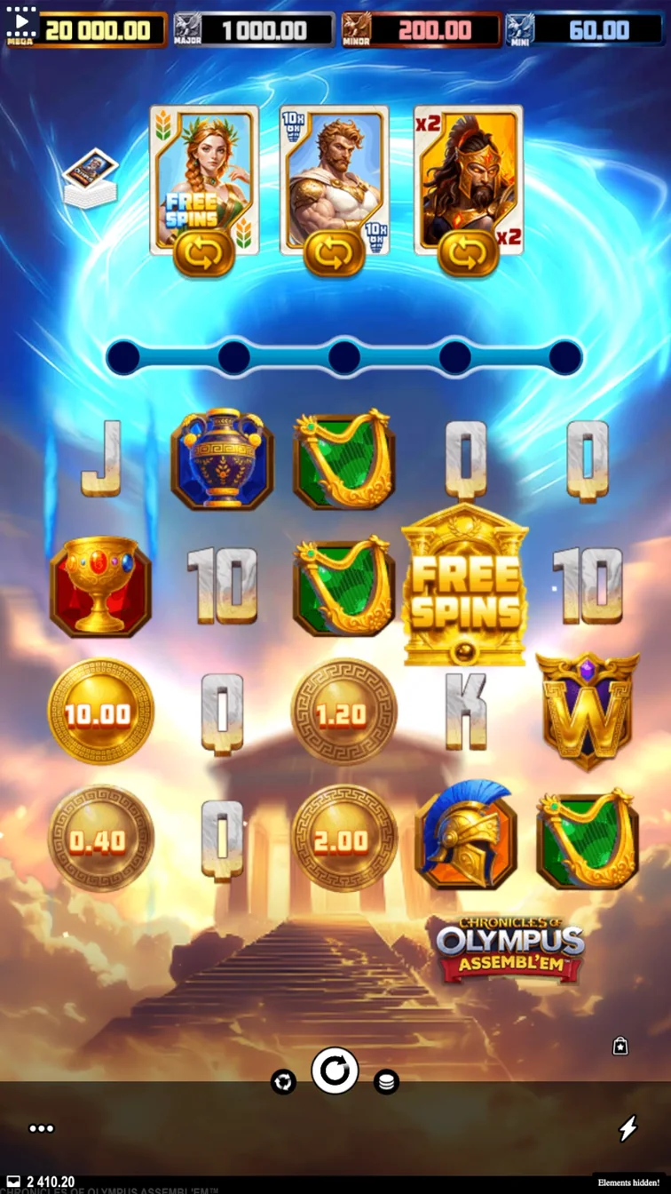 Chronicles of Olympus ASSEMBL'EM gameplay screenshot showing the reels and controls
