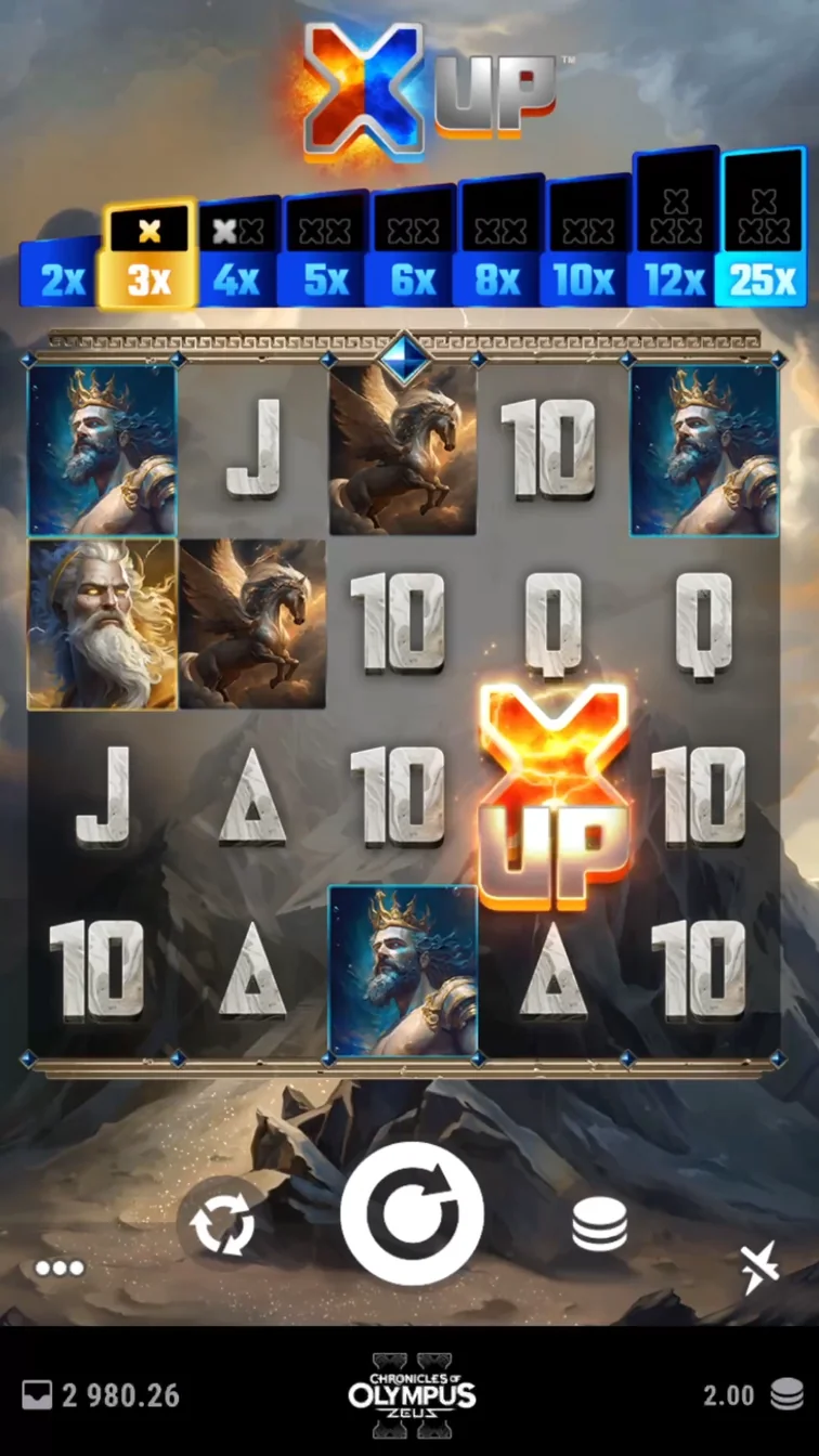 Chronicles of Olympus II Zeus gameplay screenshot showing the reels and controls