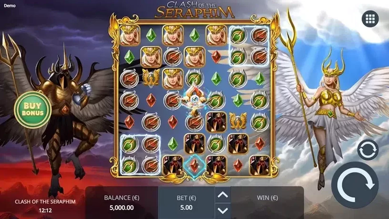 Clash of the Seraphim gameplay showing reels and controls