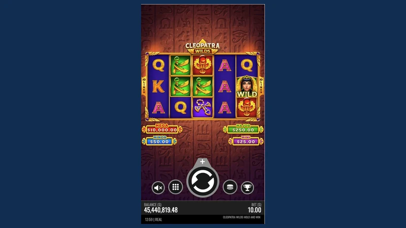 Cleopatra Wilds Hold and Win slot gameplay — Egyptian themed spreading wilds reels