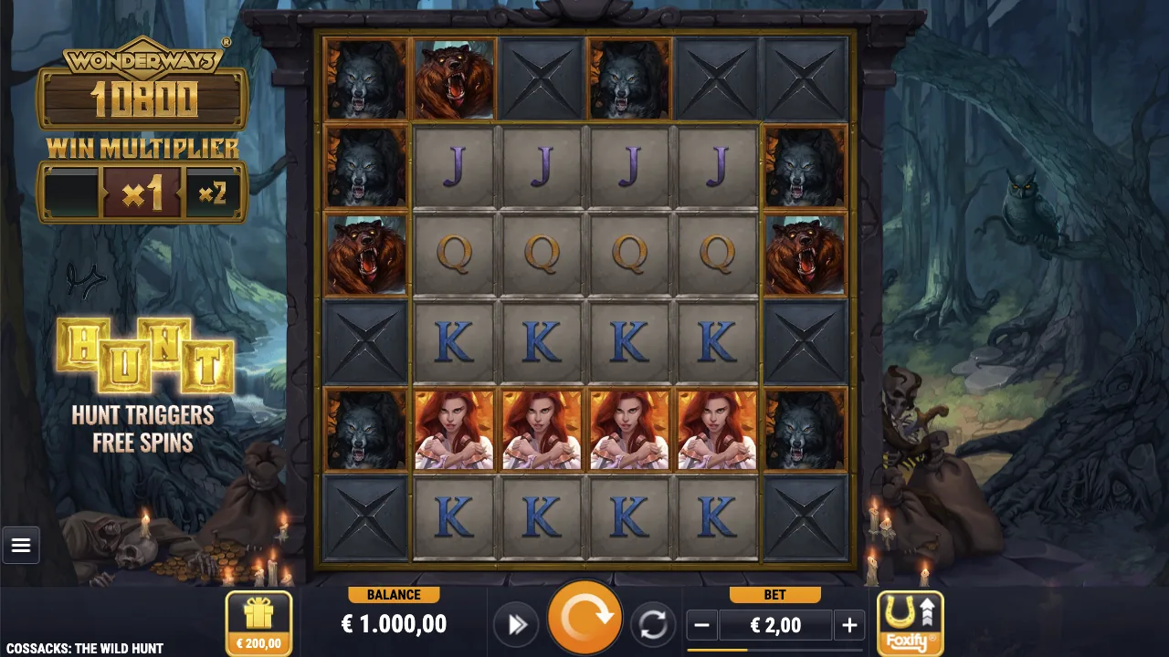 Cossacks: The Wild Hunt gameplay screenshot showing the reels and controls
