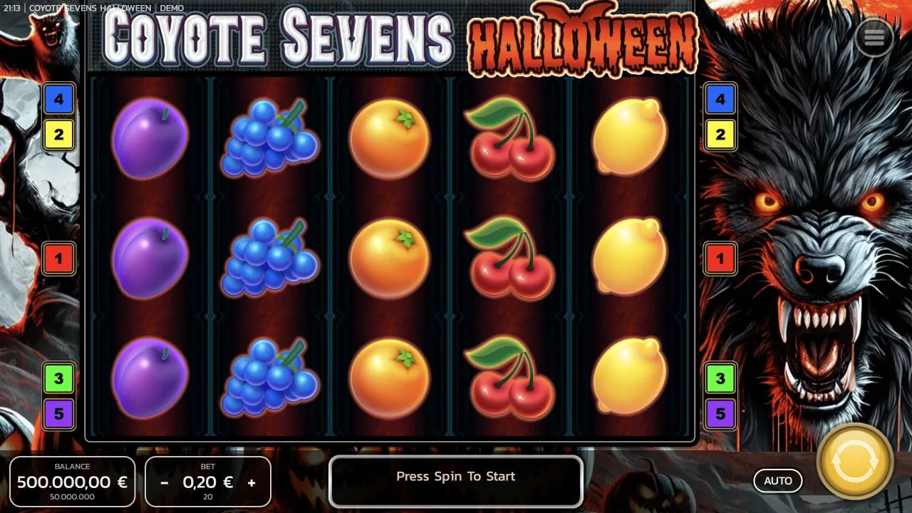 Coyote Sevens Halloween loaded gameplay interface with reels and controls visible