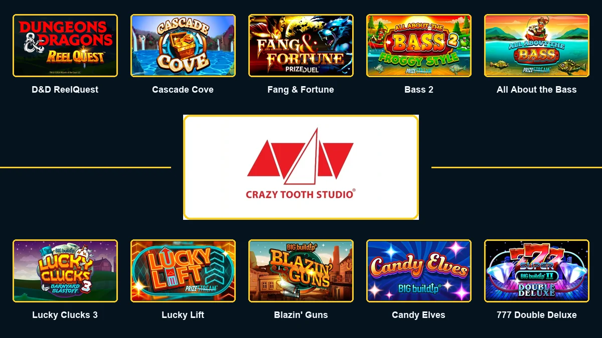 Crazy Tooth Studio logo surrounded by ten featured slot games