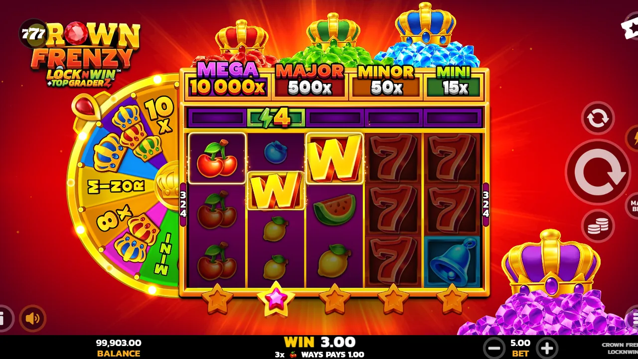 Crown Frenzy gameplay showing the reels and controls