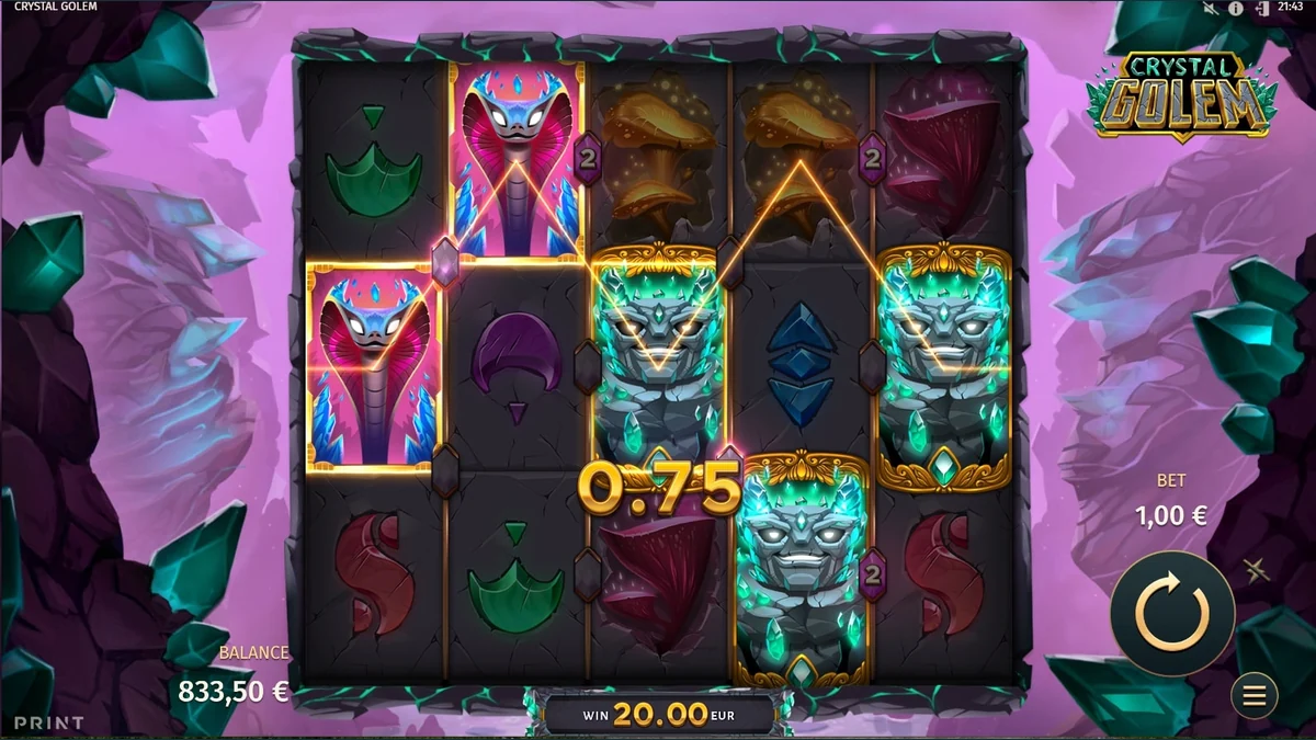 Crystal Golem gameplay screenshot showing the reels and game interface