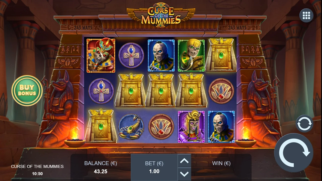 Curse of the Mummies gameplay showing reels and controls