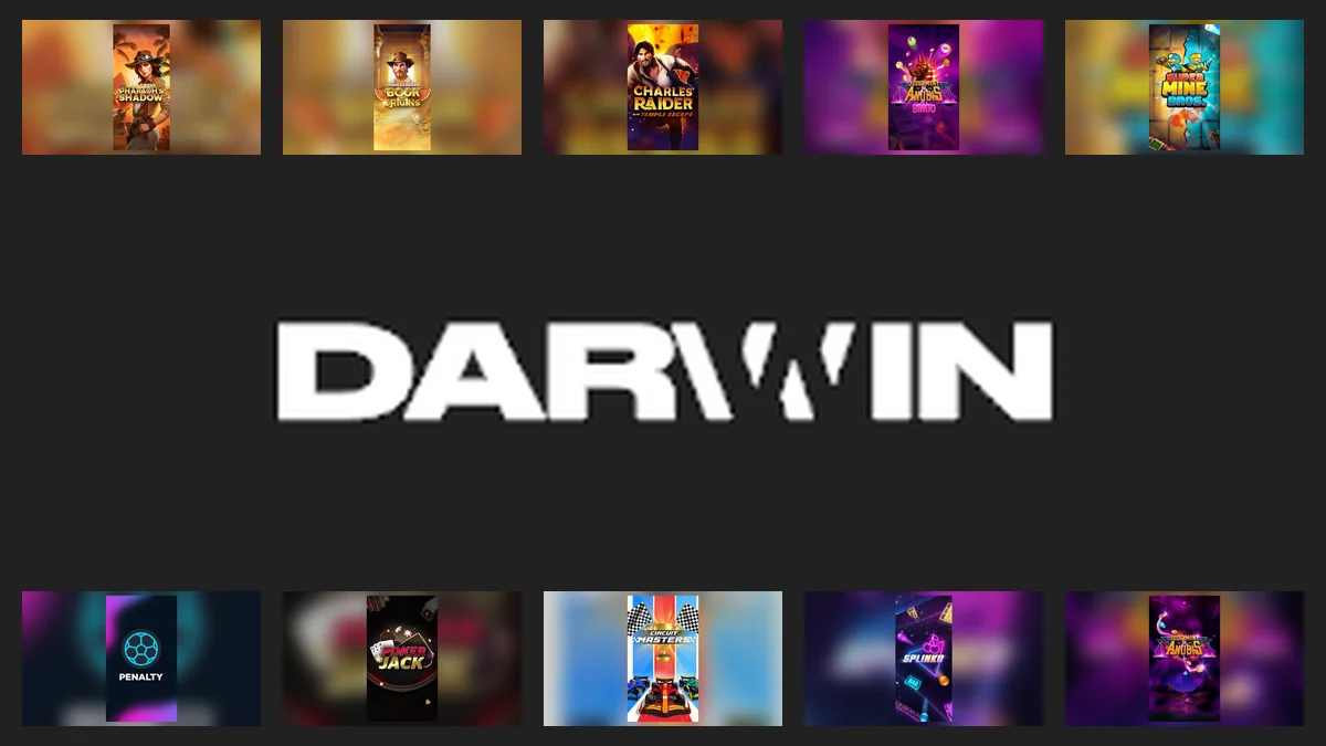 Darwin Gaming wordmark centred between ten complete branded game thumbnails