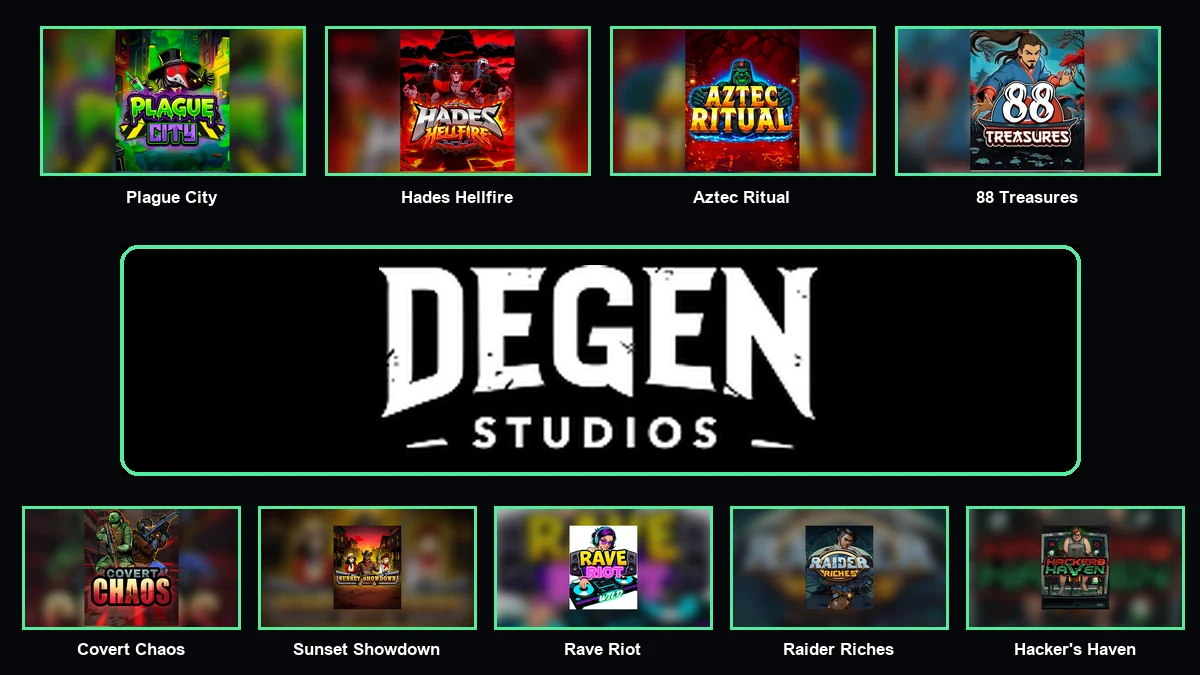 Degen Studios logo centred between nine essential slot games