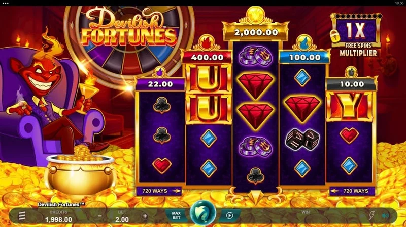 Devilish Fortunes slot gameplay — devil themed wheel bonus reels