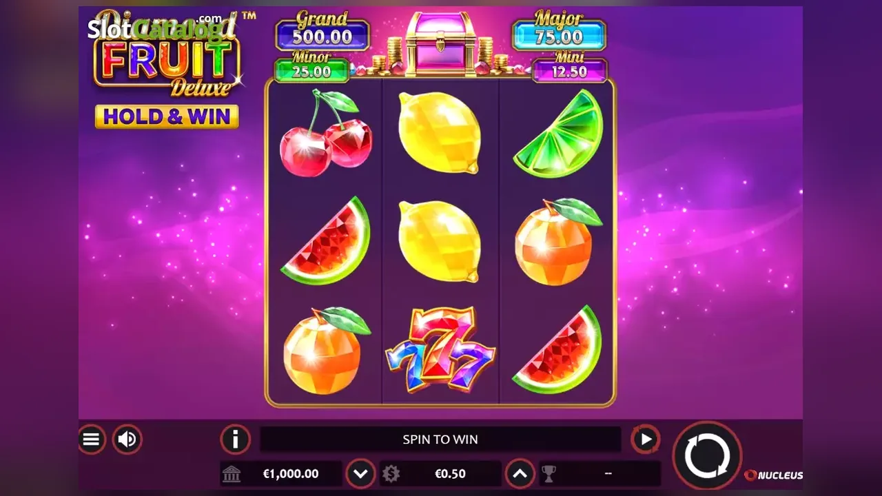 Diamond Fruit Deluxe Hold & Win loaded gameplay interface with reels and controls