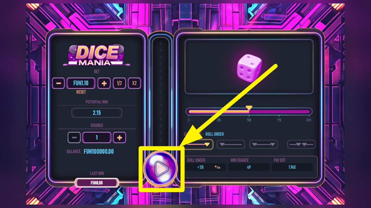 Dice Mania gameplay screen with the game interface and controls visible