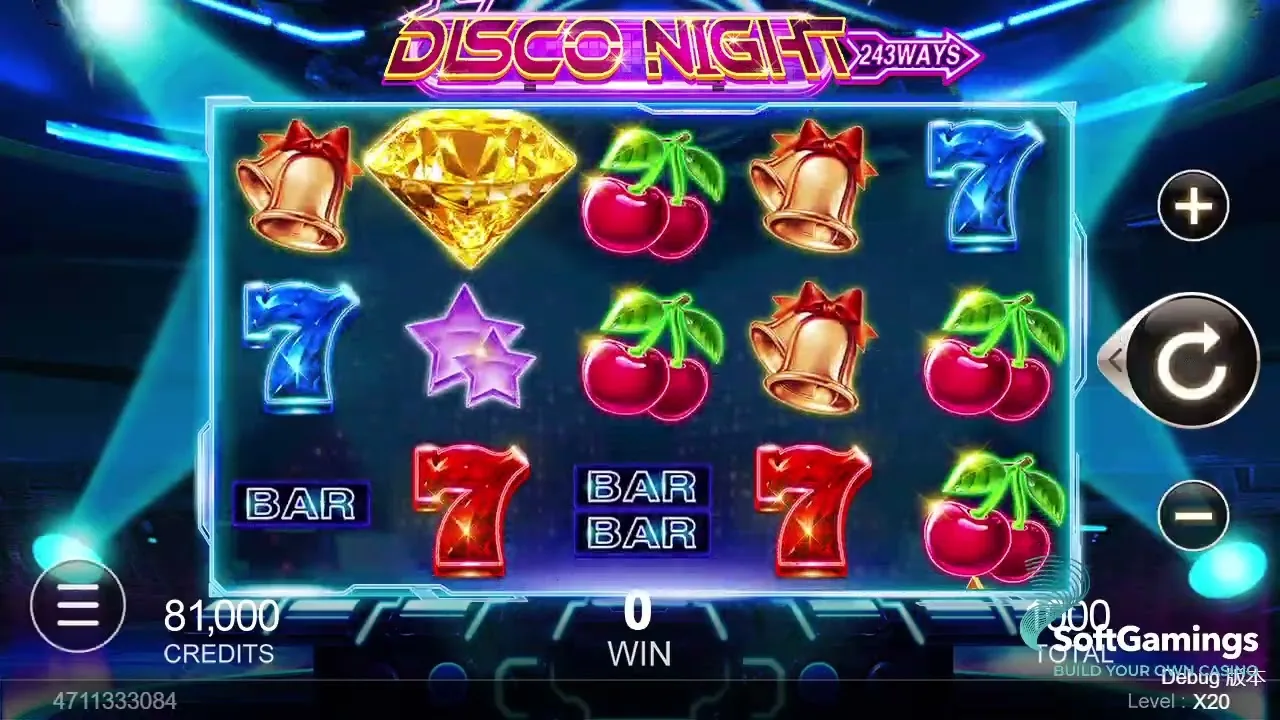 Disco Night gameplay showing reels and controls
