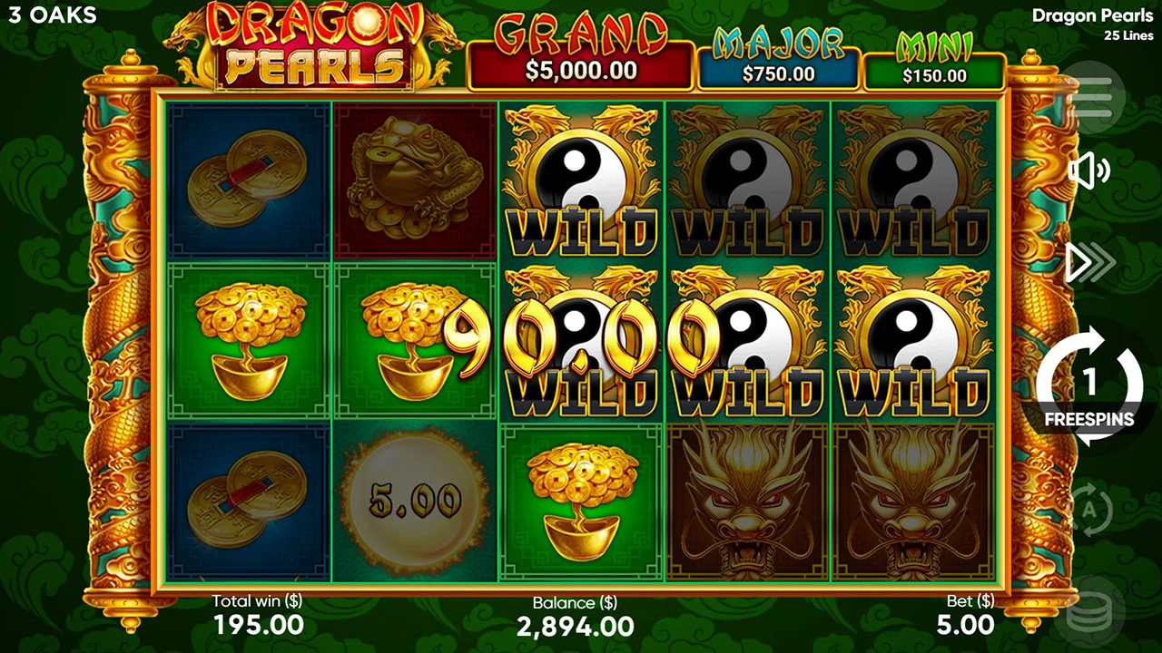 Dragon Pearls loaded gameplay interface showing the reels and controls