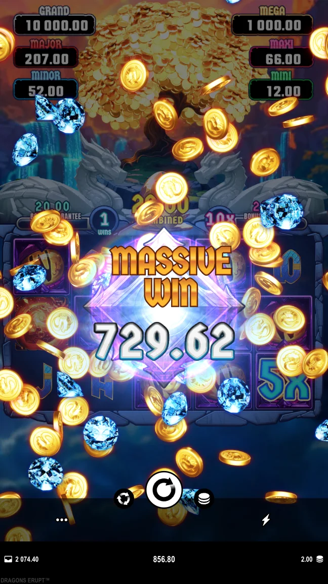 Dragons Erupt gameplay screenshot showing the reels and controls