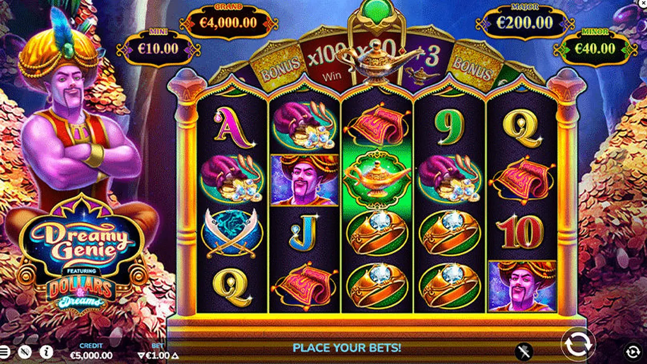 Dreamy Genie Dollars & Dreams official loaded gameplay interface with active controls visible