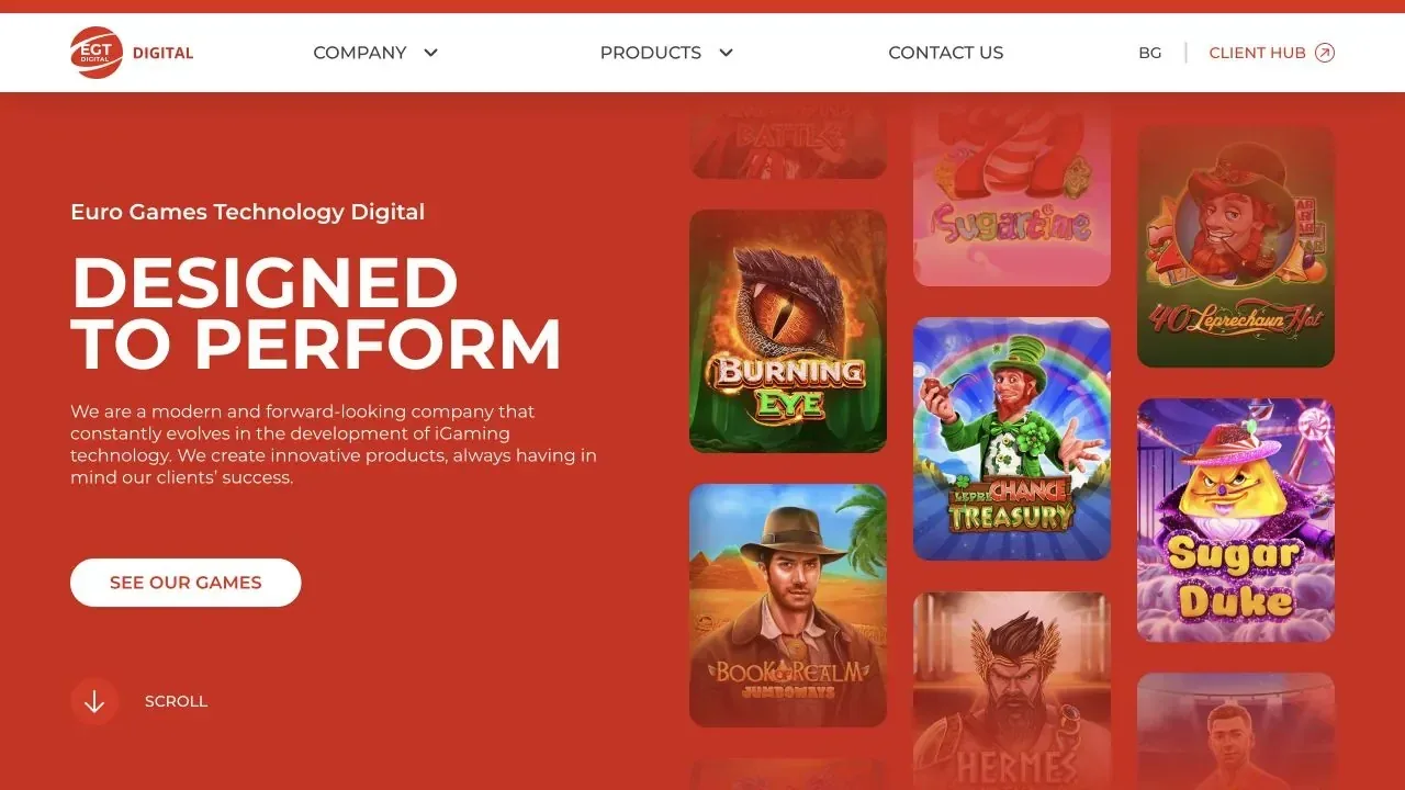 EGT Digital website showing the company logo, navigation and current games