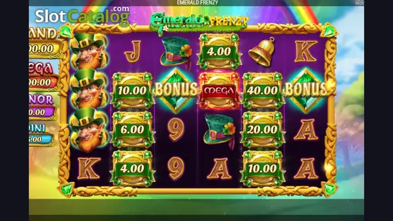 Emerald Frenzy gameplay screenshot showing the reels and interface