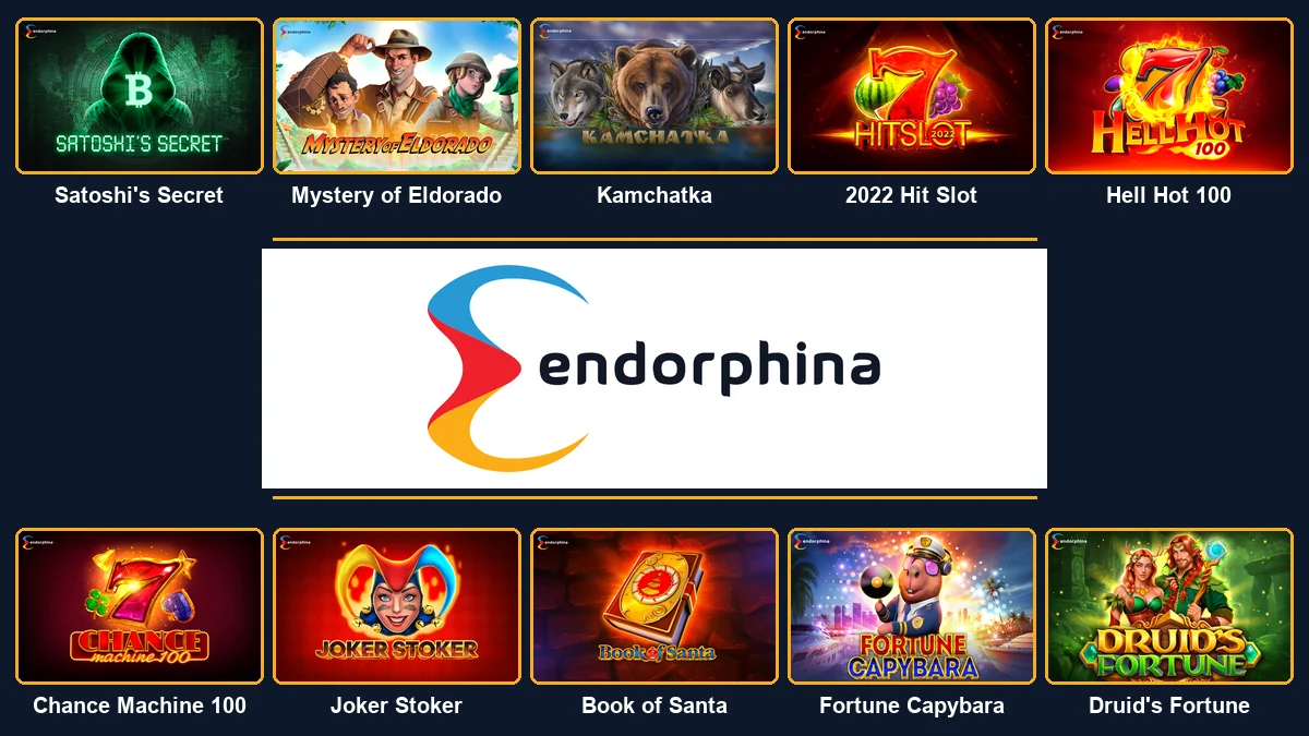 Endorphina logo surrounded by ten essential Endorphina games