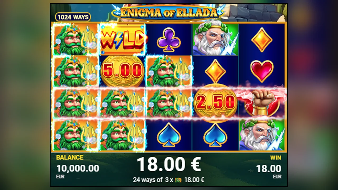 Enigma of Ellada gameplay screen with reels, symbols and controls visible