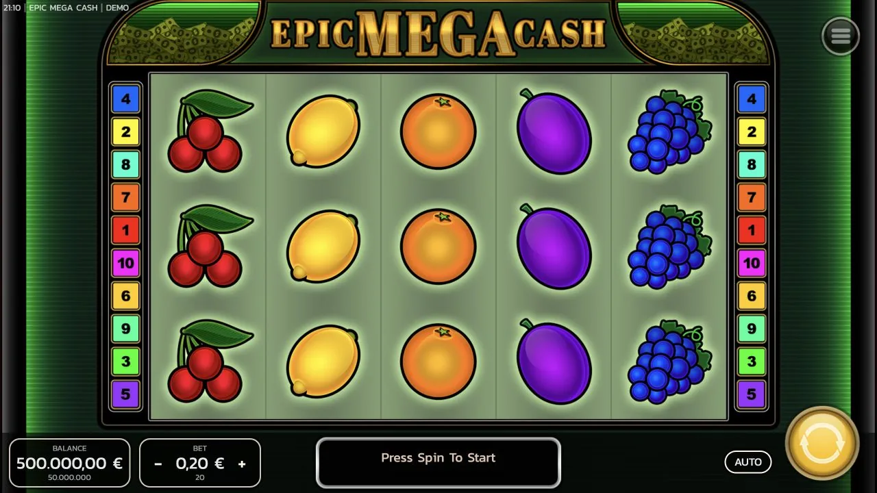 Epic Mega Cash loaded gameplay interface with reels and controls visible
