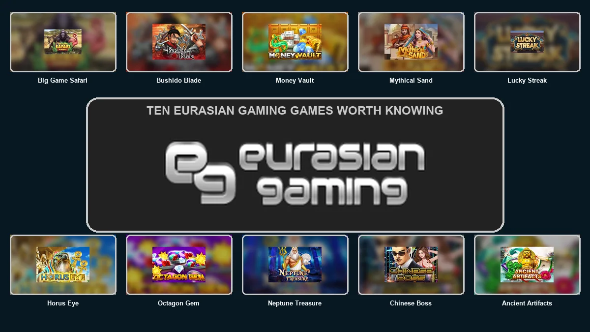 Ten Eurasian Gaming thumbnails arranged around the large Eurasian Gaming logo