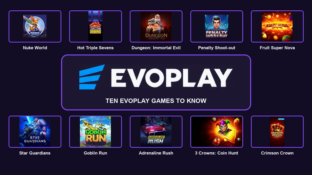 Evoplay logo surrounded by ten essential games
