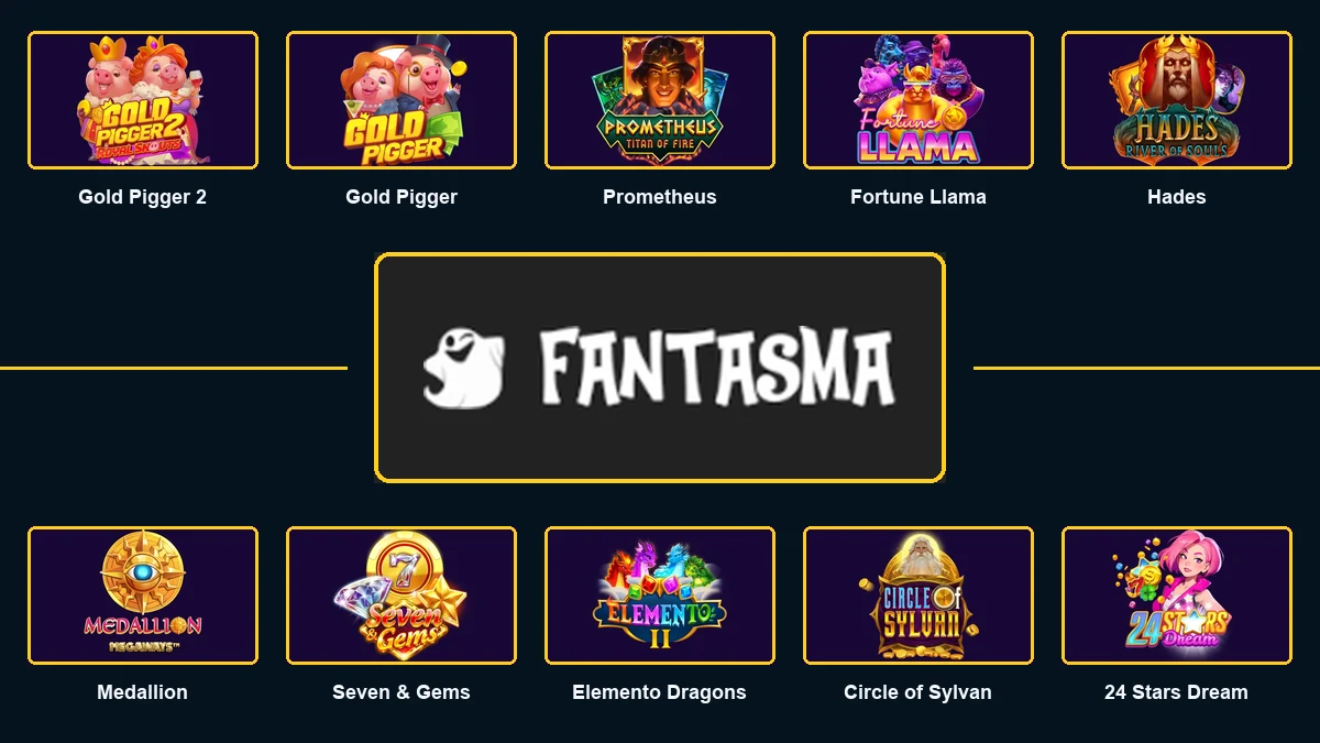 Fantasma Games logo surrounded by ten featured slot games