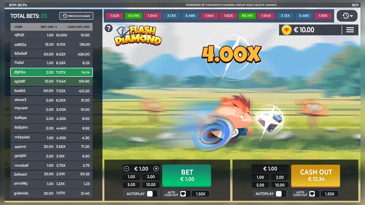 FashionTV Flash Diamond loaded gameplay interface with active controls