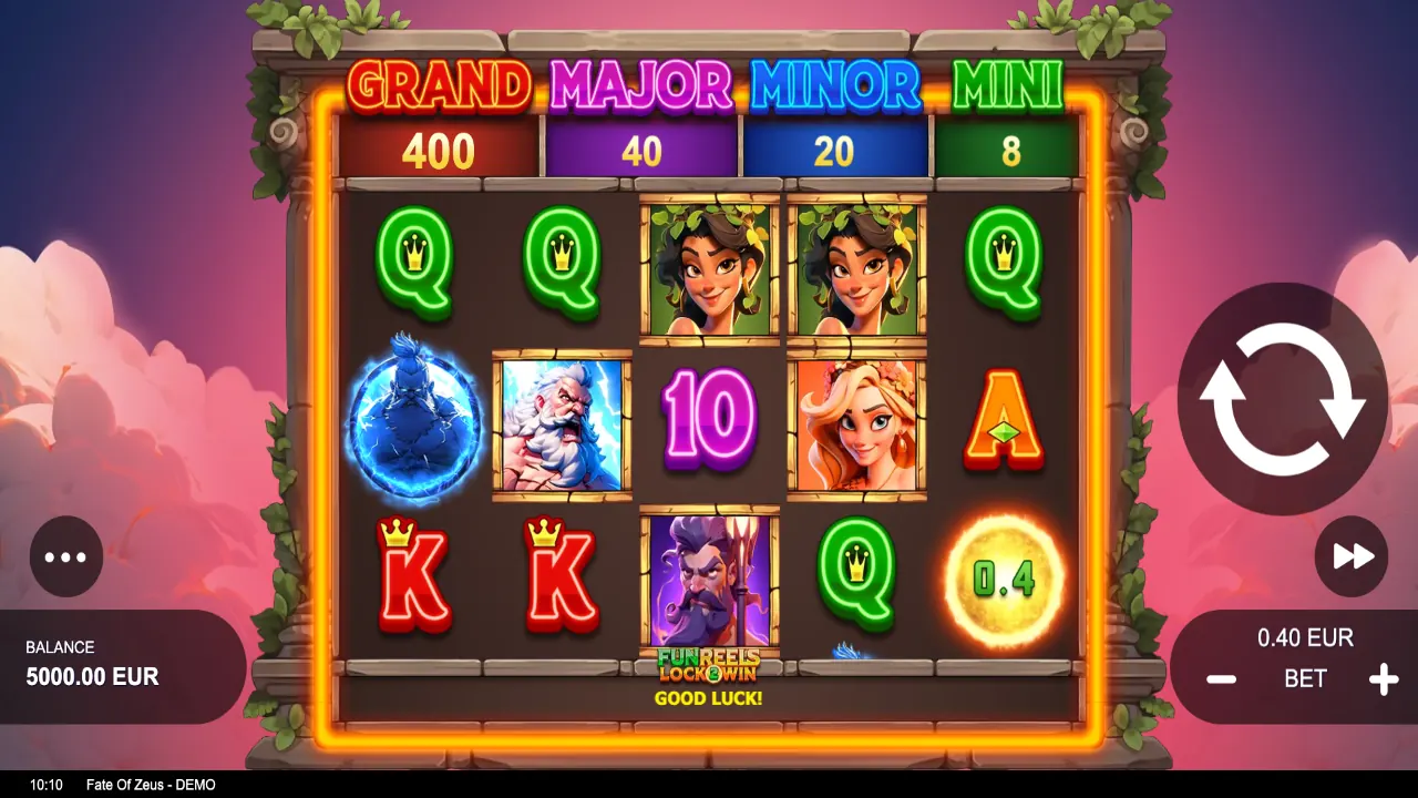 Fate of Zeus loaded gameplay interface with active controls