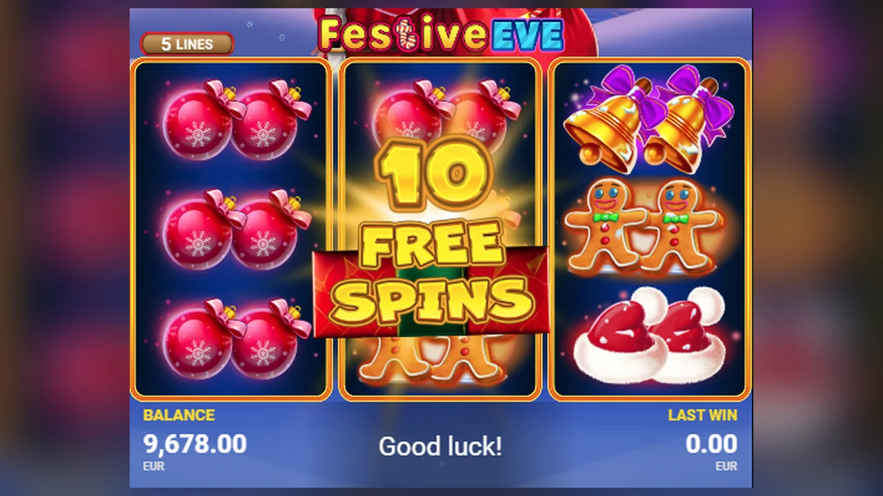 Festive Eve gameplay screen with reels, symbols and controls visible