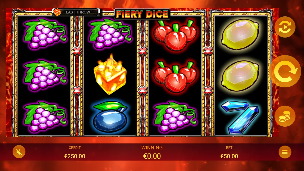 Fiery Dice loaded gameplay interface with the game, controls and balance visible