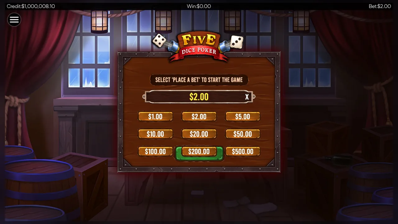 Five Dice Poker loaded gameplay interface with controls visible