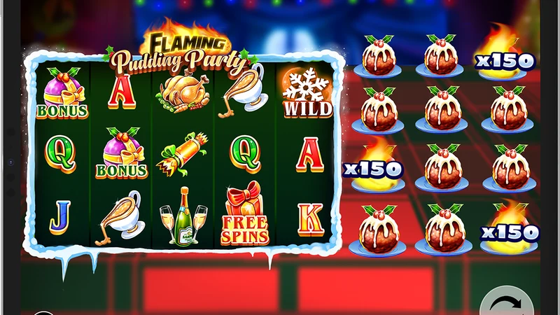 Flaming Pudding Party slot gameplay — festive Christmas pudding themed reels