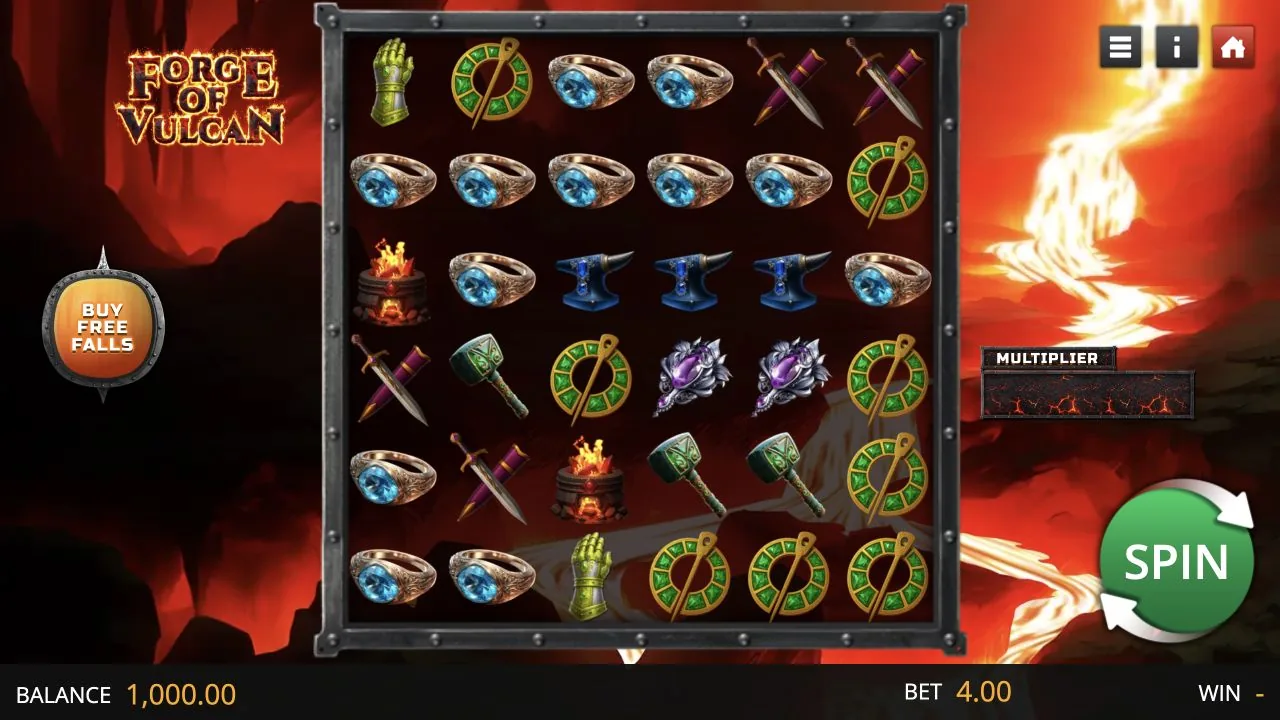 Forge of Vulcan gameplay screenshot showing the reels and controls