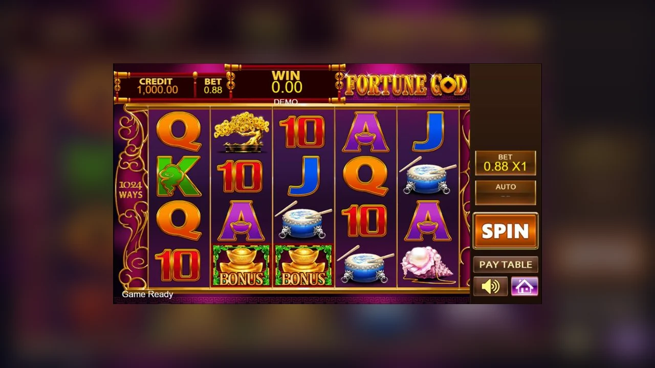 Fortune God gameplay screen with reels, symbols and controls visible