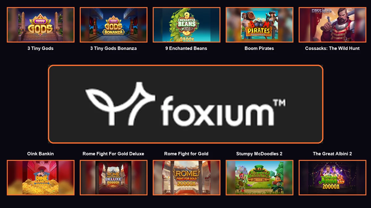 Foxium family image with the full provider logo centred among ten branded game thumbnails