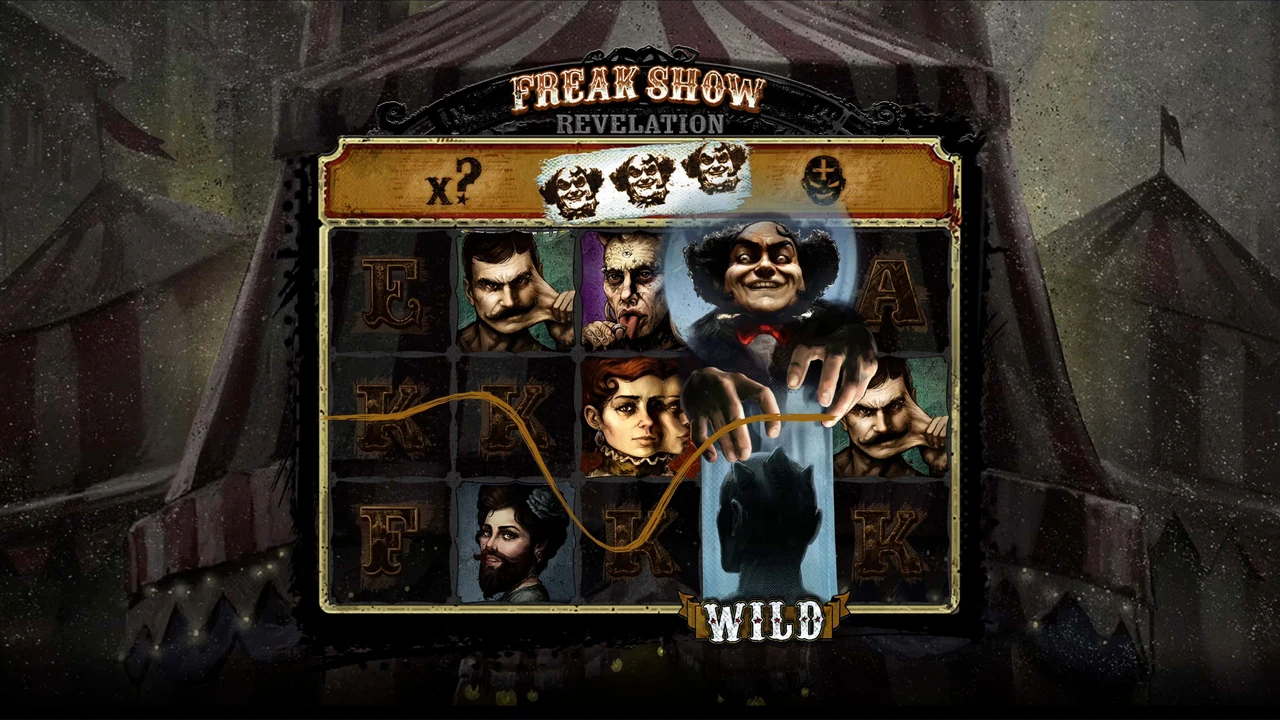 Freak Show Revelation gameplay showing populated reels and the game interface