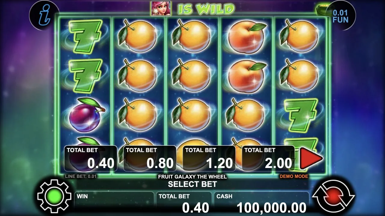 Fruit Galaxy The Wheel gameplay screenshot showing the real reels and playing interface