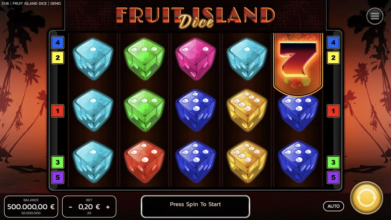 Fruit Island Dice loaded gameplay interface with reels and controls visible