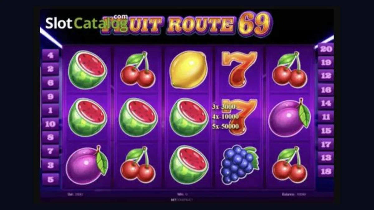 Fruit Route 69 gameplay screenshot showing the reels and controls