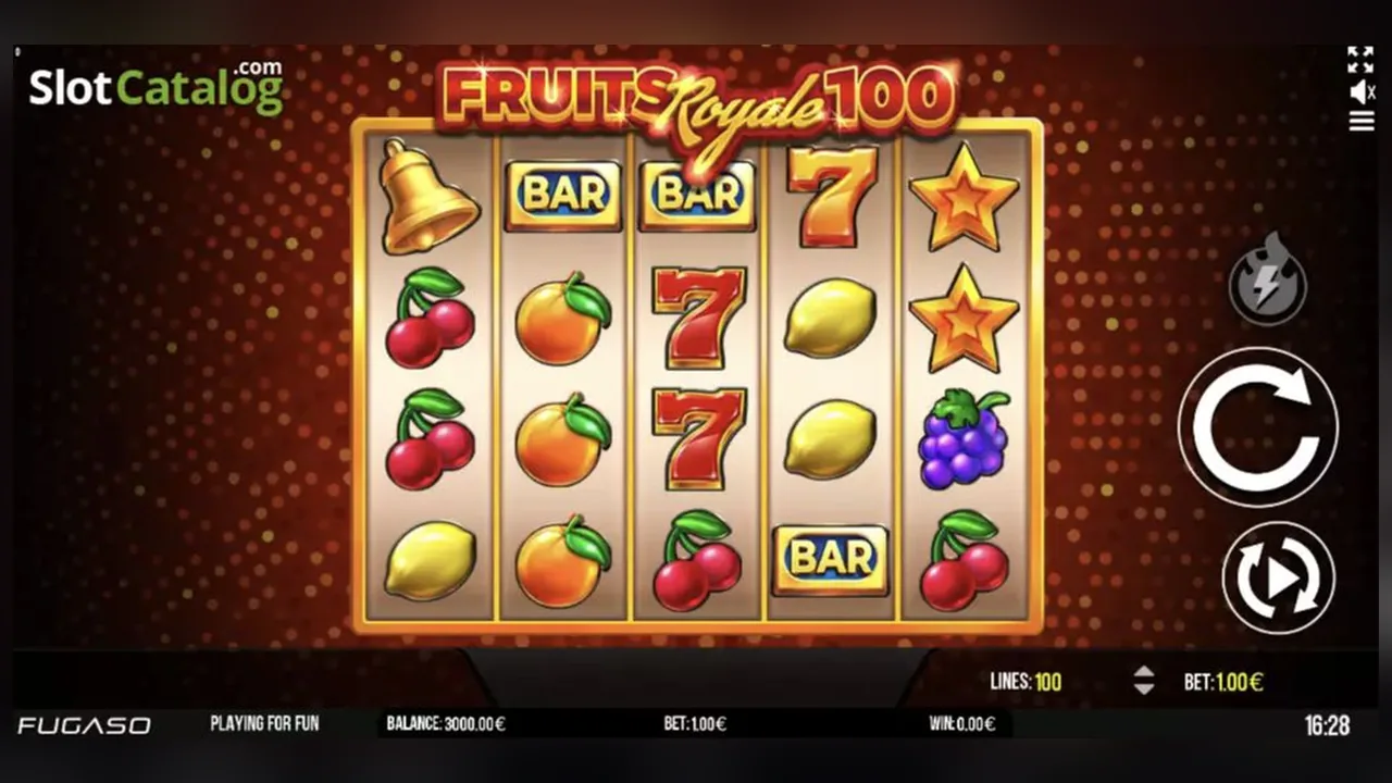Fruits Royale 100 loaded gameplay interface with reels and controls