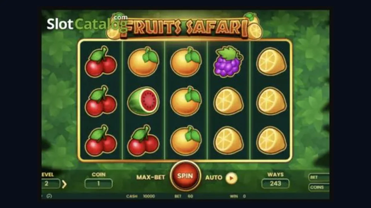 Fruits Safari gameplay screenshot showing the reels and controls