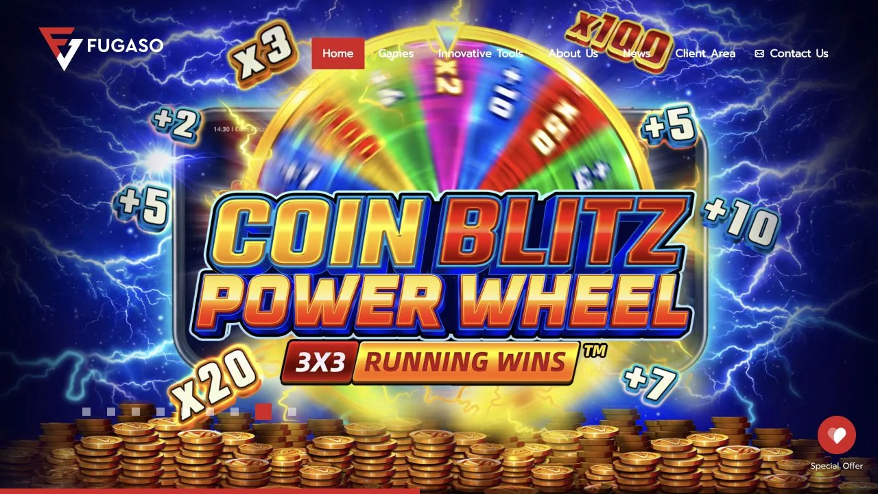 Fugaso website showing its logo, navigation and a featured Coin Blitz game